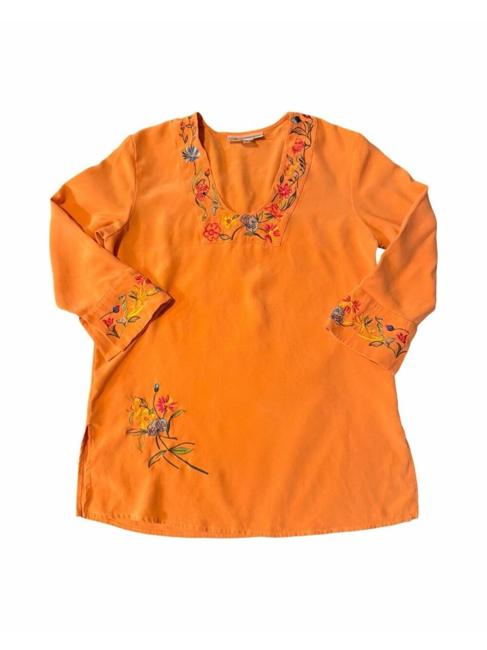 Vintage DVF Silk Assets Tunic Top M Peach Orange Embroidered Boho Blouse Silk